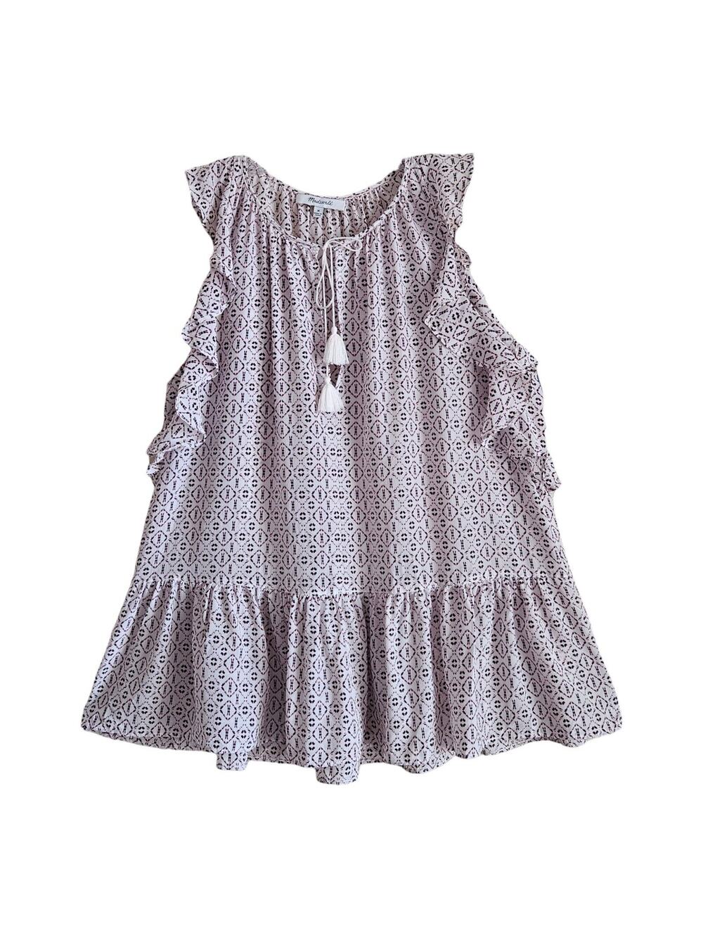 MADEWELL Women's M Lily Silk Top Sleeveless Ruffle Tassel Tie Purple White 38"